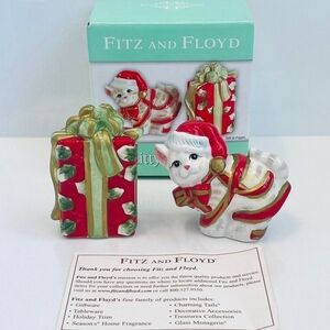 Fitz & Floyd Kitty Kringle Christmas Cat Salt Pepper Shaker Set Hand Painted 2.7
